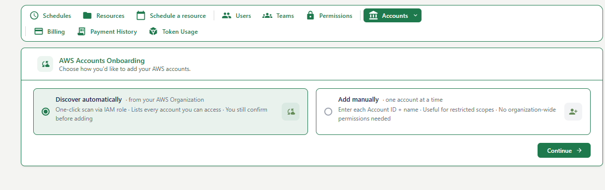 Screenshot: AWS Accounts Onboarding — Choose method