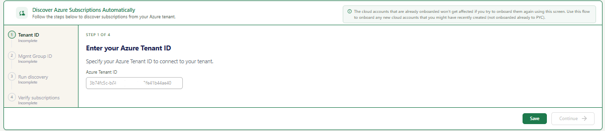 Screenshot: Enter Azure Tenant ID — Step 1 of 4