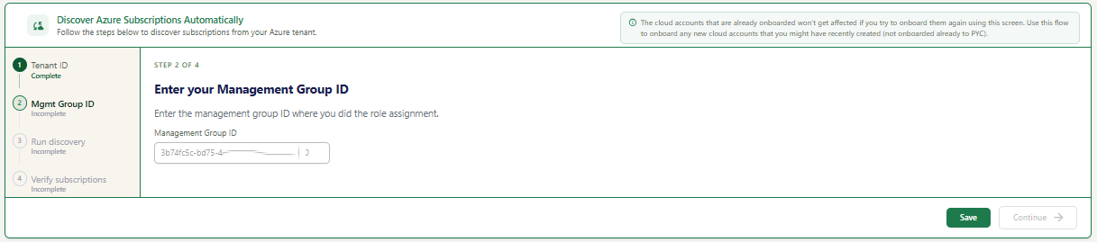 Screenshot: Enter Management Group ID — Step 2 of 4